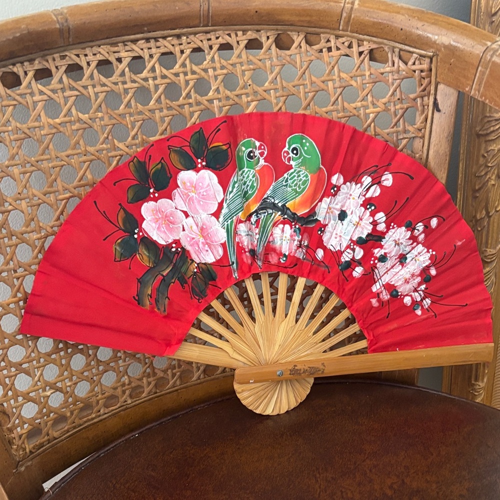 Red Handheld bamboo Fan with Parrot and Floral Design